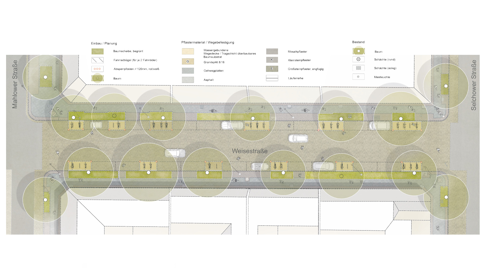 Die Weisestraße ist ein Pilotprojekt für die Umsetzung der Maßnahme innerhalb der Baumleitplanung. Die Baumscheiben werden in den Unterstreifen der Gehwege erheblich vergrößert, damit mehr Regenwasser im Haupt-Wurzelbereich der Bäume versickert.